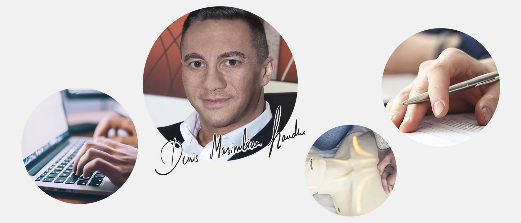 Fotocollage zeigt Hände an einem Laptop, den RCS-Geschäftsführer Denis Maximilian Handke, seine Unterschrift, eine Puppe für Rettungsübungen sowie eine Hand mit Kugelschreiber